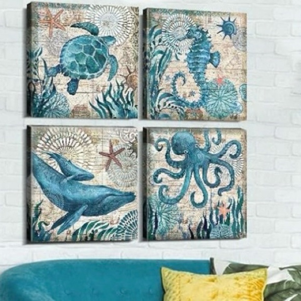 Oceanic Blue Sea Life Wall Art Set Of 4 Like NEW without tags